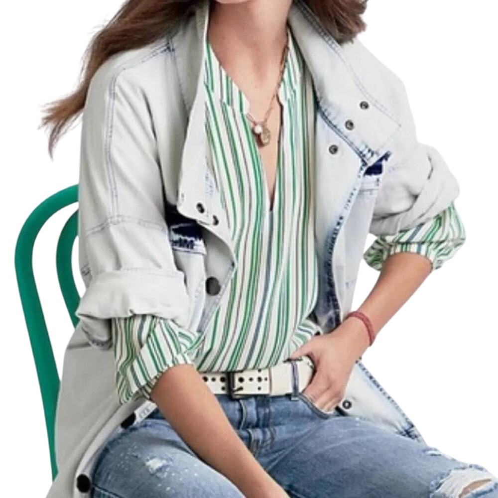 Cabi Awning Stripe Pullover Blouse White Green Blue Black Stripe Size Large
